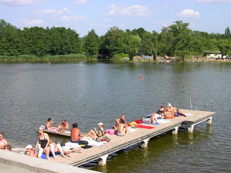 Badegäste auf dem Holzsteg im Naturfreibad Großer Woog in Darmstadt an einem Sommertag