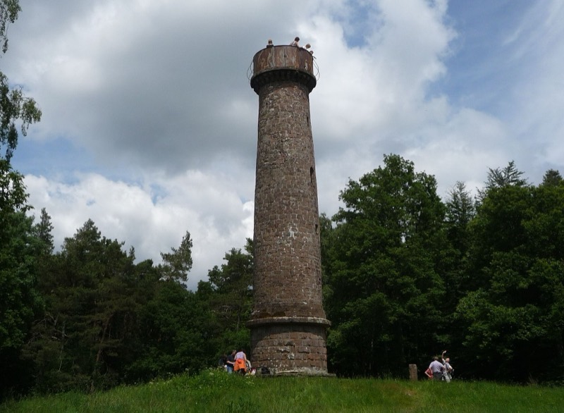 Der schlanke Ludwigsturm aus Backstein auf der Ludwigshöhe im Darmstädter Stadtwald, davor eine Wiese mit Wanderern